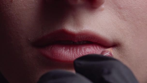 Sminkes alkalmazó ajakceruza modell ajkak. — Stock videók