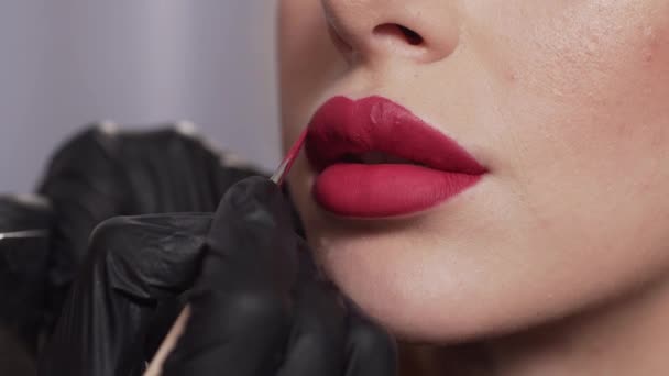 Menerapkan lipstik ke bibir. — Stok Video