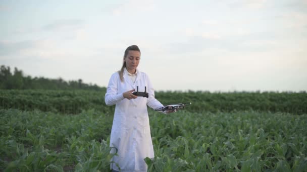 Mujer agrónoma ajusta dron. — Vídeos de Stock