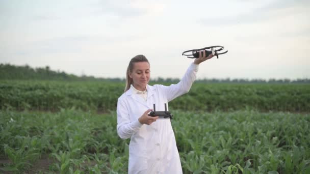Femme agronome ajuste drone. — Video