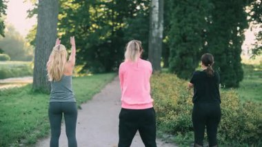 Bir grup kadın parkta spor yapıyor, aktif yaşam tarzı, sağIık ve dışarıda antrenman yaparken takım çalışması yapıyor. Arka görünüm.