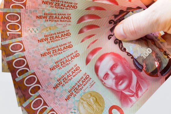 New Zealand Money Large Amount 100 Dollar Bills Held Hand — Stock fotografie