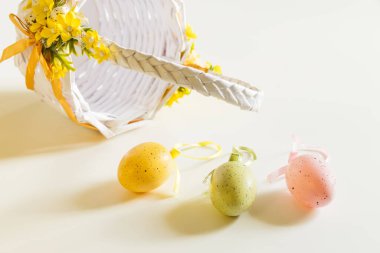 Altüst olmuş bir sepetin yanında renkli Paskalya yumurtaları duruyor. Beyaz arka plan, parlak doğal ışık, pandemik tatil konsepti ve daha iyi bir yarın için umut. 