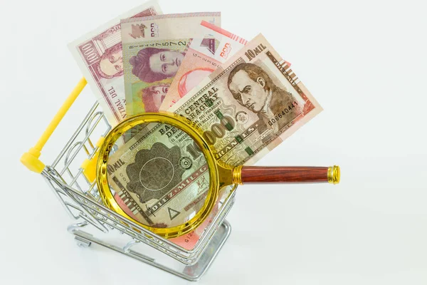 Miniature Shopping Cart Paraguayan Currency Magnifying Glass Economic Business Concept — Stock Photo, Image