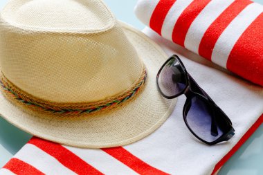 Tatil sezonu, deniz kenarına yaz gezileri, güneş şapkası, plaj havlusu, güneş gözlüğü, egzotik bir ağacın büyük yeşil yaprağı. 