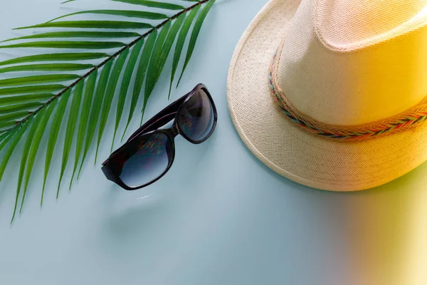 Holiday Season Panama Hat Women Sunglasses Large Green Leaf Tropical — Stock Photo, Image