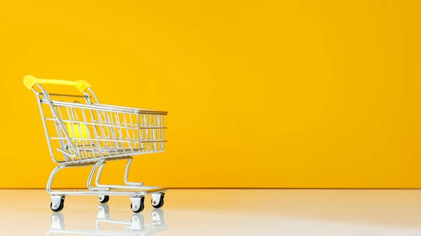 Carro Compra Vacío Concepto Mínimo Fondo Amarillo Blanco Lugar Para —  Fotos de Stock