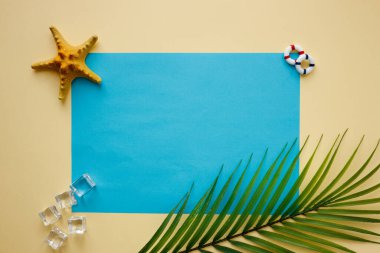 Pastel arka planda tropikal palmiye yaprağı, metin, buz küpleri, denizyıldızı, iş yerinde motivasyon konsepti, takım oluşturma gezisi, ofisten kaçış... 