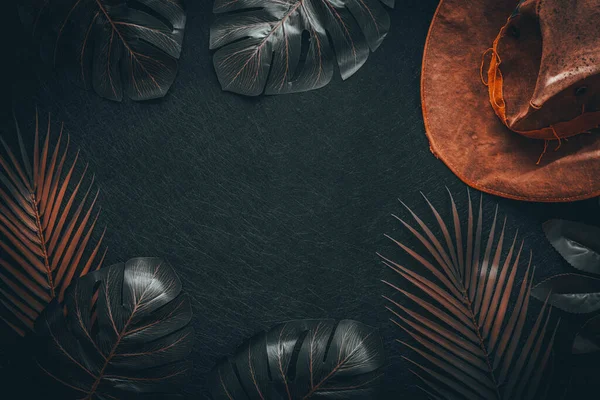 Creative Layout Travel Concept Minimal Surrealism Color Tropical Leaves Combo — Stock Photo, Image