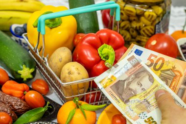 Bulgaristan, 2026. Yiyecek fiyatları. Bulgar Levası 'nın avroya geçişi. Ellerinde 50 euro ve 50 lev banknot ve içinde yiyecek olan bir alışveriş sepeti. Finansal ve ekonomik kavram. Yakın çekim.