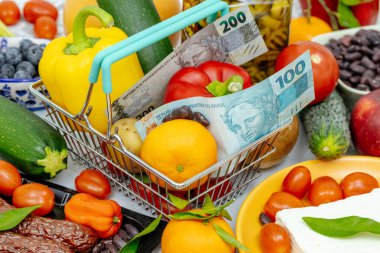 Yiyecek ve Brezilya parasıyla alışveriş arabası. Finansal ve iş konsepti. Brezilya 'da yükselen fiyatlar, yükselen gıda fiyatları. Kapat.