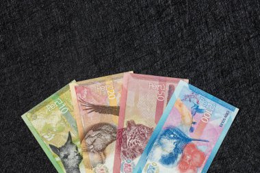 Peru parası. Kağıt banknotlar, Peru sol banknotları siyah arka planda bir vantilatöre yerleştirilmiş. Hayvanlarla ters. Finansal iş kavramı. Düz konum, kopyalama alanı. Kapat şunu.