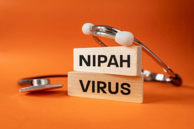 Henipavirüs cinsinden Nipah virüsü. Sağlık kavramı. Bulaşıcı hastalıklar, genellikle ölümcül. Tıbbi bir steteskop, beyaz bloklara yazılmış, NIPAH VIRUS. Kapatın. turuncu arkaplan