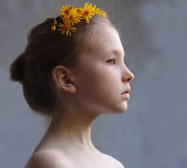 Face porträtt av ung liten flicka med blommor i håret på grå bakgrund. — Stockfoto