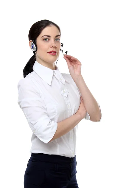 Opérateur de support client féminin avec casque isolé sur fond blanc — Photo