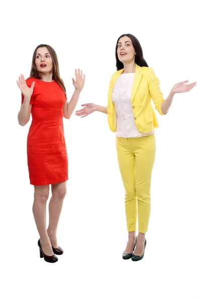 Le portrait de deux jeunes adultes étonnés femmes brunes gesticulant isolées sur fond blanc — Photo