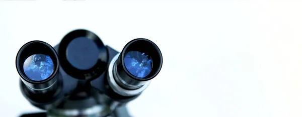Top View Black Microscope Horizontal Image Medicine Science Concept — Stock Photo, Image