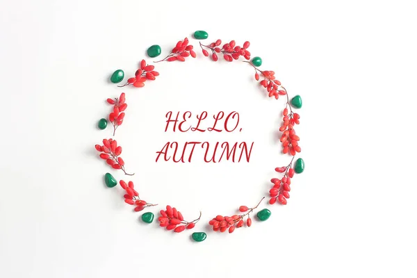 Quote: hello autumn . Frame of red berries on a white background. Simple flat lay composition, fall creative background.