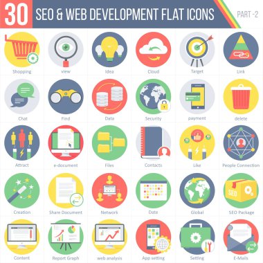  Düz renkli yuvarlak simgeler 30 Seo ve Web geliştirme