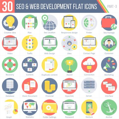  Düz renkli yuvarlak simgeler 30 Seo ve Web geliştirme