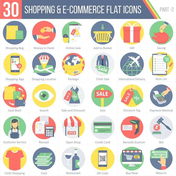 Düz renkli yuvarlak simgeler 30 alışveriş ve E-ticaret