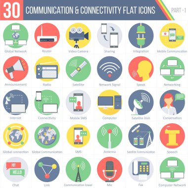30 iletişim ve bağlantı düz renkli yuvarlak simgeler 