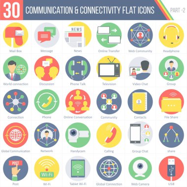 30 iletişim ve bağlantı düz renkli yuvarlak simgeler 