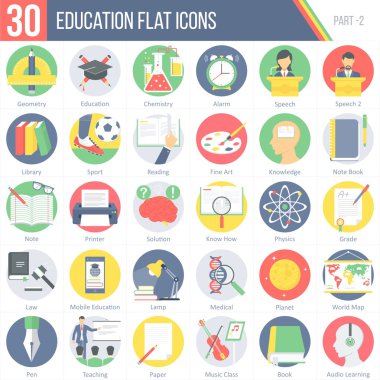 30 eğitim düz renkli yuvarlak simgeler