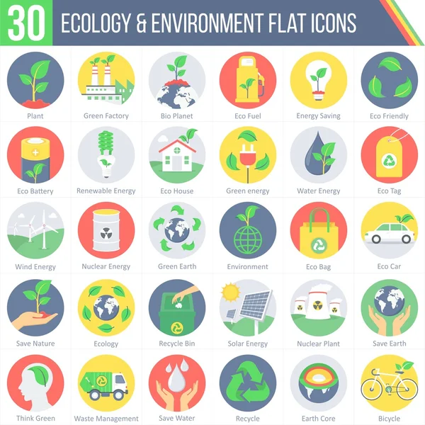 30 Ökologie und Umwelt flache bunte runde Symbole — Stockvektor