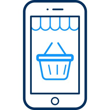 Alışveriş arabası ikonu. biçim çift renkli mavi düz sembol, beyaz ve siyah arkaplan.