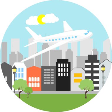 uçak ve şehir manzarası, vektör illüstrasyonu