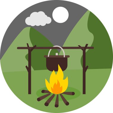 ot ve kamp ateşi orman ikonunda, vektör illüstrasyonunda