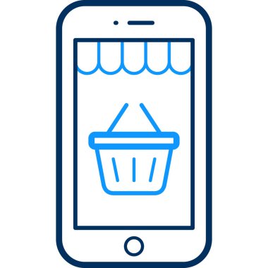 Alışveriş arabası ikonu. biçim çift renkli mavi düz sembol, beyaz ve siyah arkaplan.