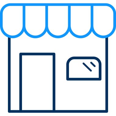 Mağaza vektör simgesi. biçim iki renkli düz sembol, mavi ve gri renkler, yuvarlak açılar, siyah arkaplan