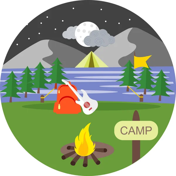 Camping Tent Campfire Mountain — Stock Vector