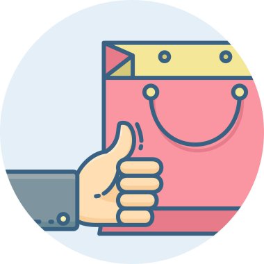 başparmaklar yukarı ve alışveriş poşeti, simge gibi modern ve basit, vektör illüstrasyon 