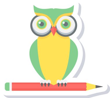 Kalem simgesi üzerinde oturan baykuş modern ve basit, vektör illüstrasyonu 