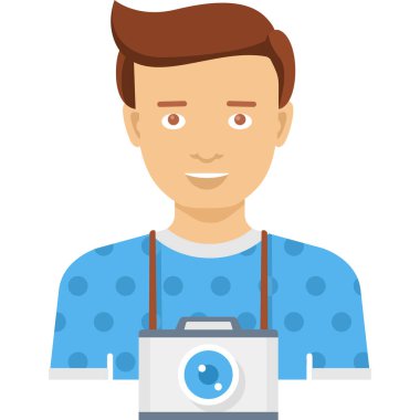 Beyaz arkaplanda karikatür tarzında kamera simgesi olan adam izole edildi