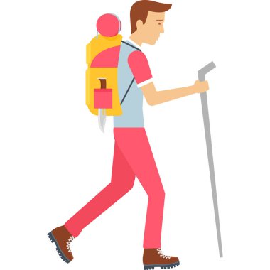 Sırt çantalı bir adam elinde tablet bilgisayar tutuyor.