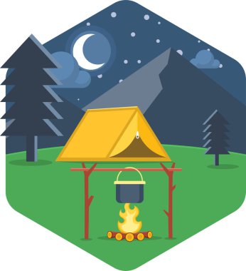 Kamp ateşinde kamp ateşi olan çadır.