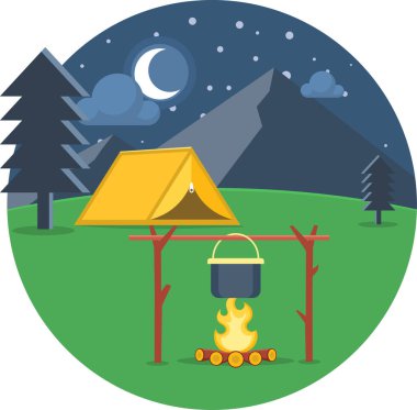 Kamp ateşi ve çadırları olan bir çadır.