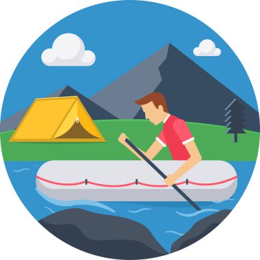 Sahilde kanoda bir adamın vektör çizimi.