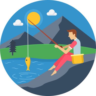 Dağlarda elinde olta olan bir adamın vektör çizimi.