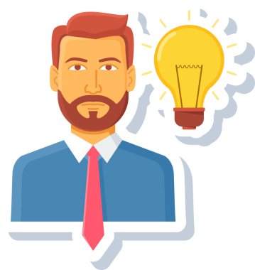 Fikir ampulü vektör düz tasarım illüstrasyonuna sahip iş adamı