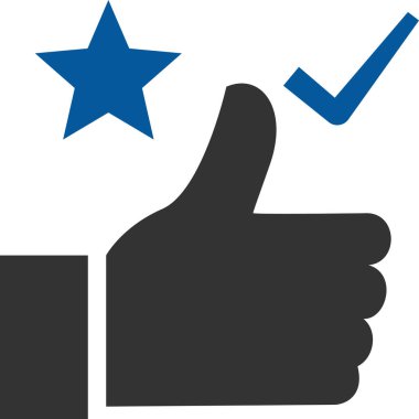 Başparmak yukarı simgesi. vektör biçimi iki renkli düz sembol, mavi ve gri renkler, yuvarlak açılar, beyaz