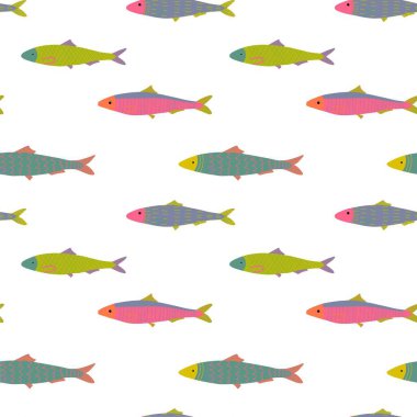 Basit, parlak, pürüzsüz desen, renkli balıklar, oyuncu ve saf bir şekilde. Çocuk tasarımı, tekstil, duvar kâğıtları, ambalaj ve neşeli grafik projeleri için mükemmel bir düz çizim..