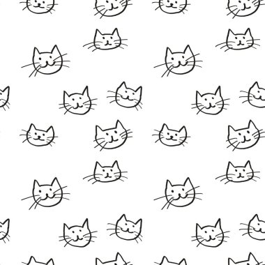 Çizgisiz desenli sanat kedisi kafaları. Minimum el çizimi taslak tarzı. Tarafsız arka planda sevimli basit kediler. Kumaş, ambalaj kağıdı, kırtasiye, çocuk tasarımı için mükemmel.