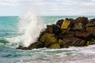 dalgalar ve plajda kayalar