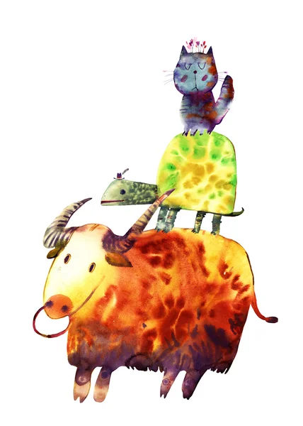 Akvarell bull, sköldpadda, katt — Stockfoto