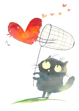 Sulu Boya kedi illüstrasyon